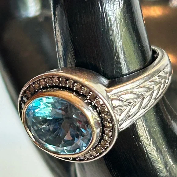 Stunning 925 Silver and 14k Gold Blue Topaz with Diamonds Ring - Picture 4 of 9